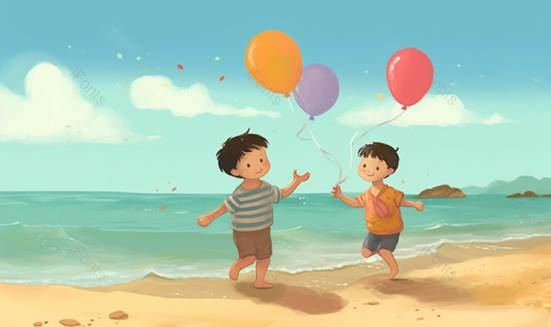 夏天儿童小孩湖边海边大海游玩嬉戏可爱唯美插画,插画/手绘图,插画/手绘图库,插画/手绘图下载,插画/手绘
